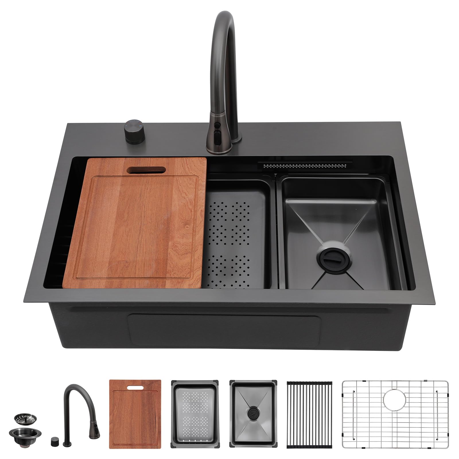 Sarlai 31'' Waterfall Single Bowl Topmount Stainless Steel Workstation Kitchen Sink with Pull Out Faucet Main image