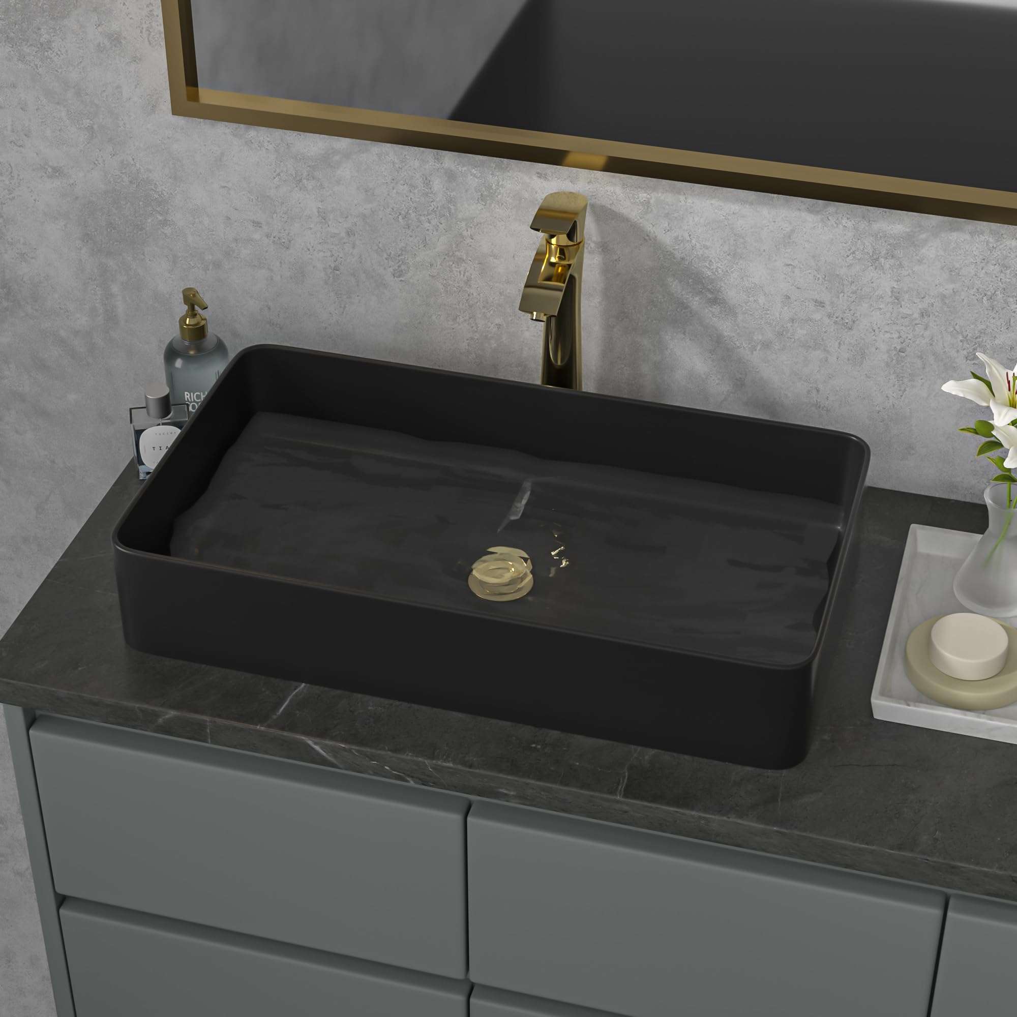 Sarlai Black Vessel Sink Rectangular - 24''x14'' Modern Bathroom Vessel Sink Rectangle Above Counter Black Ceramic Porcelain Lavatory Vanity Sink Art Basin