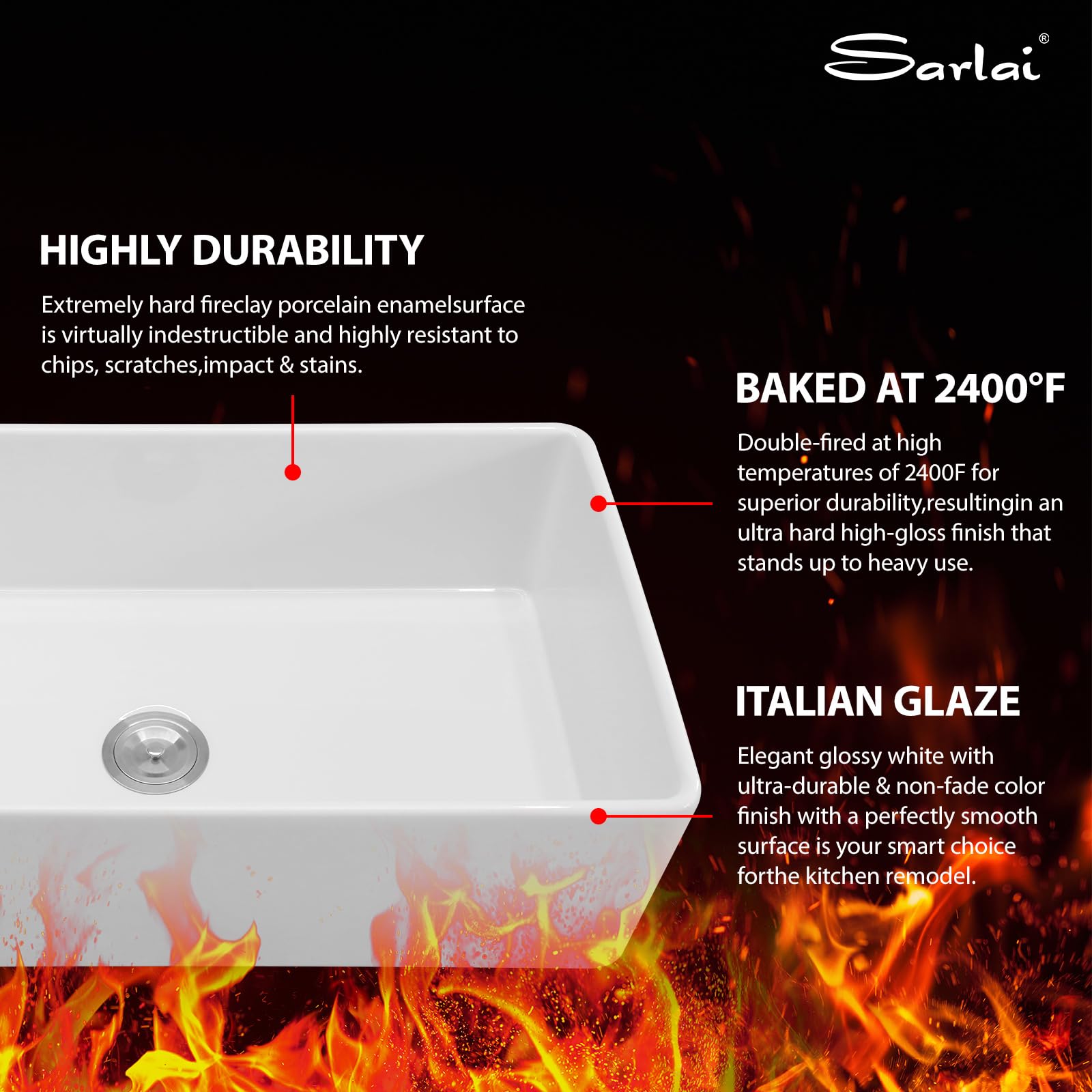 Sarlai 36''x20'' Reversible Apron Front White Fireclay Farmhouse Sink, Single Bowl Vitreous Porcelain Farm Kitchen Basin