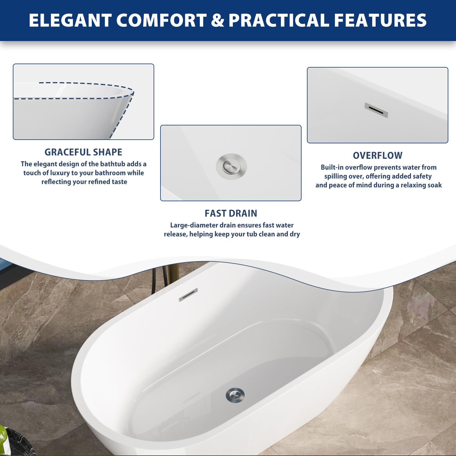 Sarlai Modern Oval White Acrylic Freestanding Bathtub with Chrome Drain and Overflow