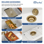 Sarlai 33''x22'' 60/40 Low Divide Double Bowl White Granite Composite Kitchen Sink, Drop-In Ledge Workstation Quartz Composite Above Counter Basin with Gold Accessories