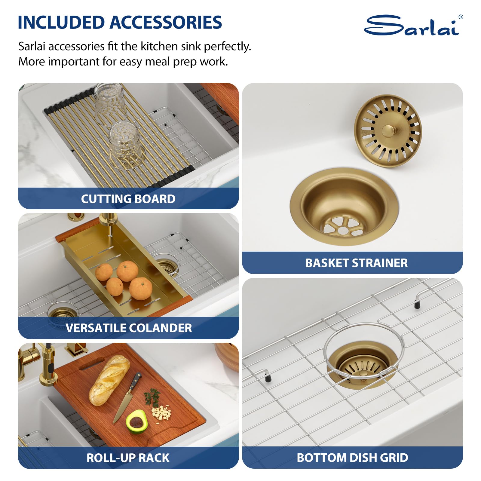 Sarlai 33''x22'' 60/40 Low Divide Double Bowl White Granite Composite Kitchen Sink, Drop-In Ledge Workstation Quartz Composite Above Counter Basin with Gold Accessories