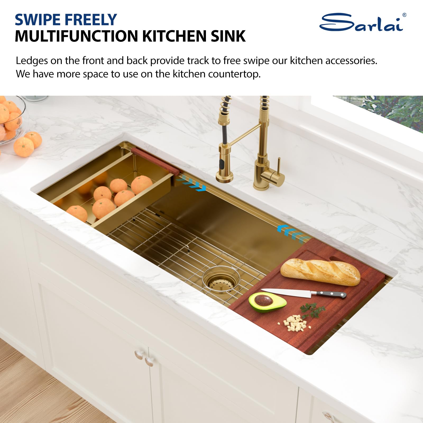 Sarlai 45'' Gold NANO-Tech Undermount Workstation Kitchen Sink, 16 Gauge Stainless Steel Round Corner Single Bowl Basin