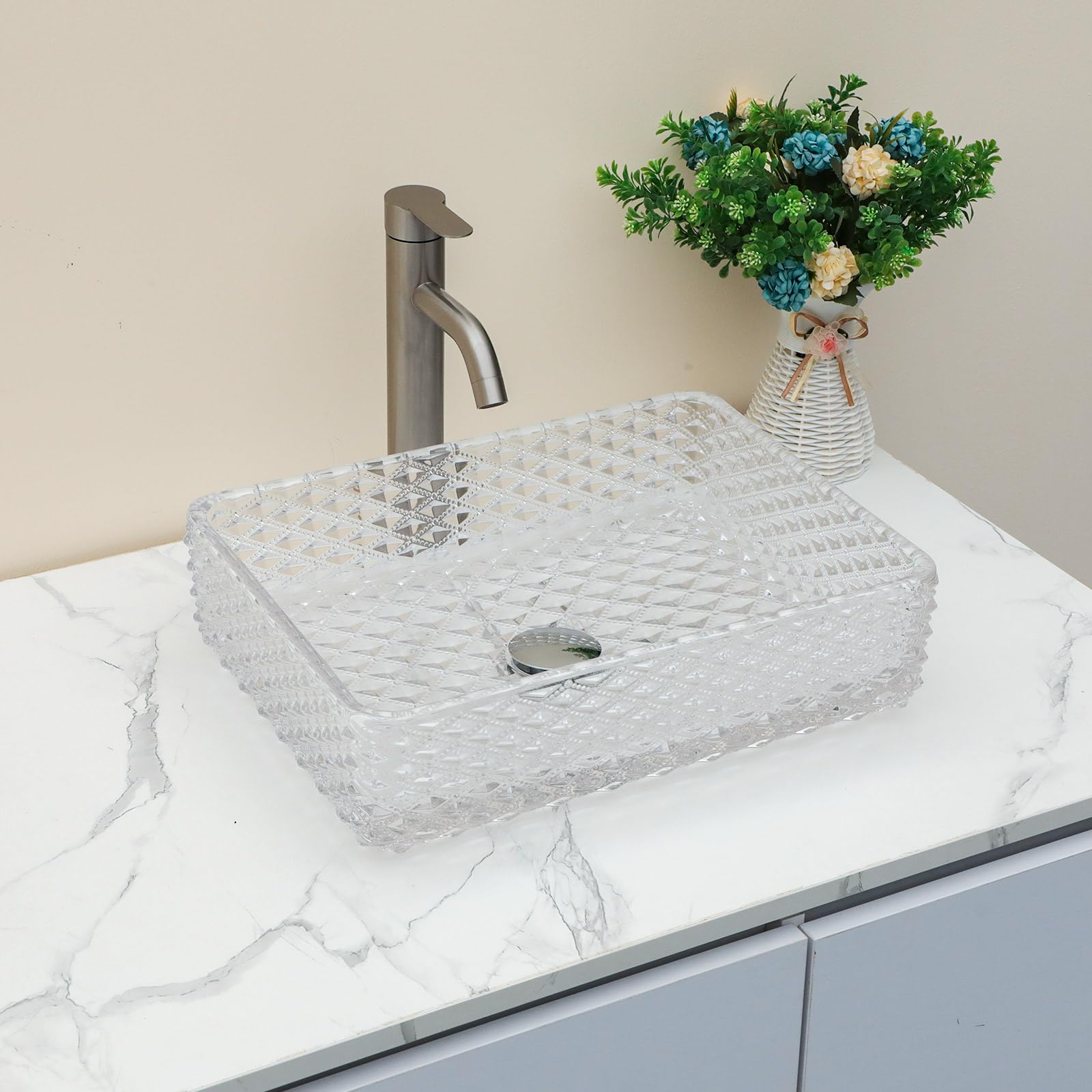 Sarlai 17.5''x13'' Diamond Rectangular Tempered Glass Bathroom Vessel Sink, Countertop Basin with Pop-up Drain Combo