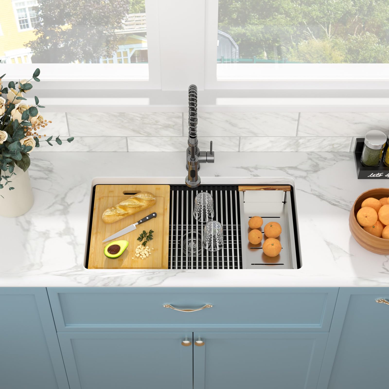 Sarlai 33in Black Granite Composite Undermount Single Bowl Workstation Kitchen Sink