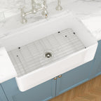 Sarlai 33''x20'' White Fireclay Farmhouse Kitchen Sink, Apron Front Single Bowl Undermount Workstation Ceramic Farm Sink with Complete Accessories