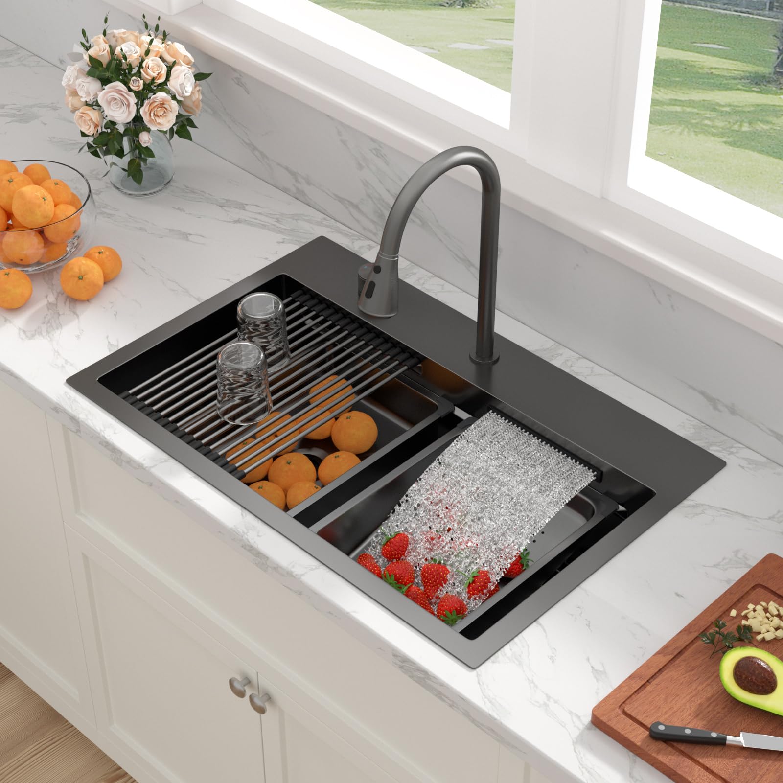 Sarlai 31'' Stainless Steel Single Bowl Topmount Waterfall Workstation Kitchen Sink