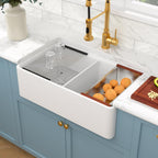 Sarlai 33'' 50/50 Double Bowl Reversible Apron Front White Fireclay Farmhouse Sink, Workstation Ceramic Porcelain Deep Rectangular Farm Kitchen Basin