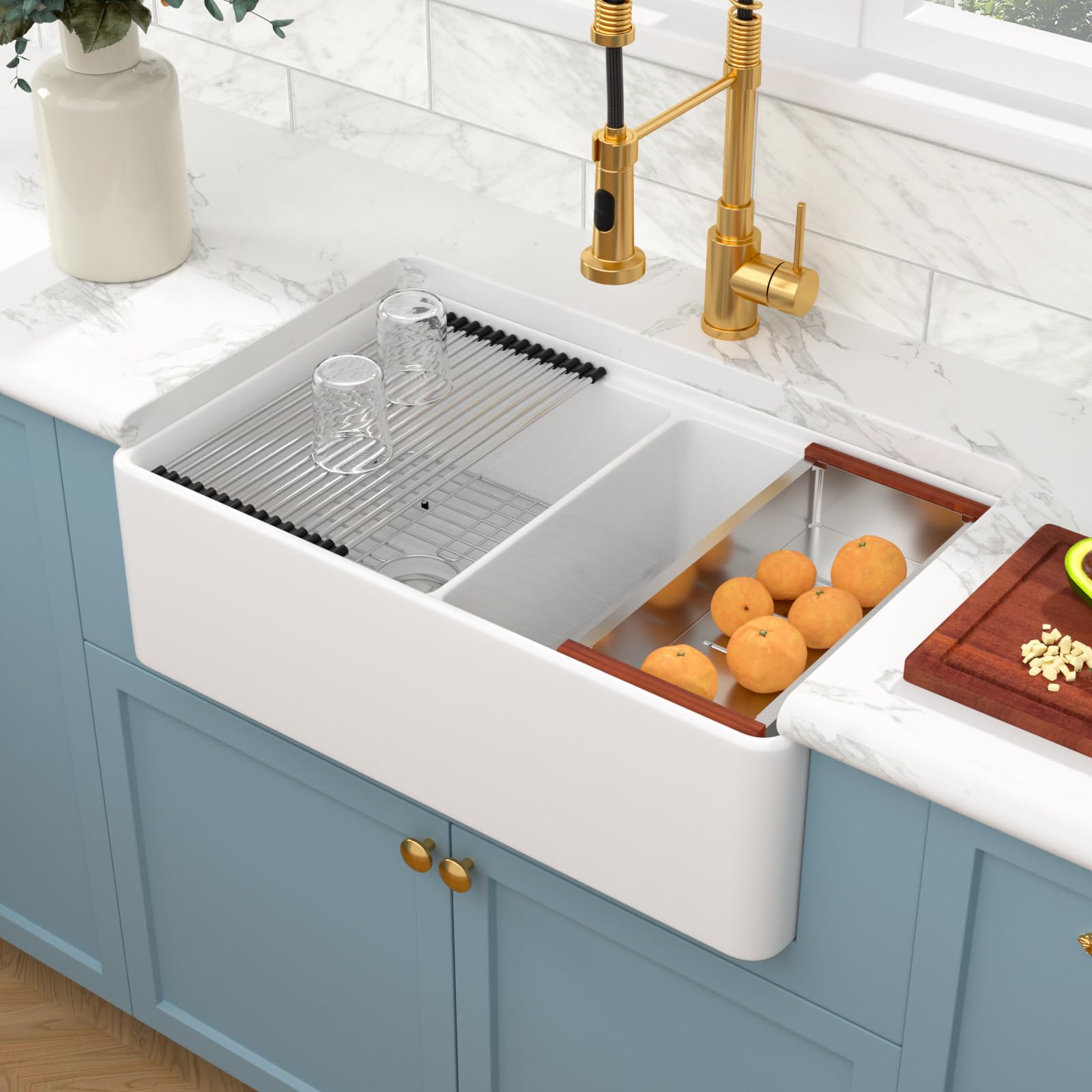 Sarlai 33'' 50/50 Double Bowl Reversible Apron Front White Fireclay Farmhouse Sink, Workstation Ceramic Porcelain Deep Rectangular Farm Kitchen Basin