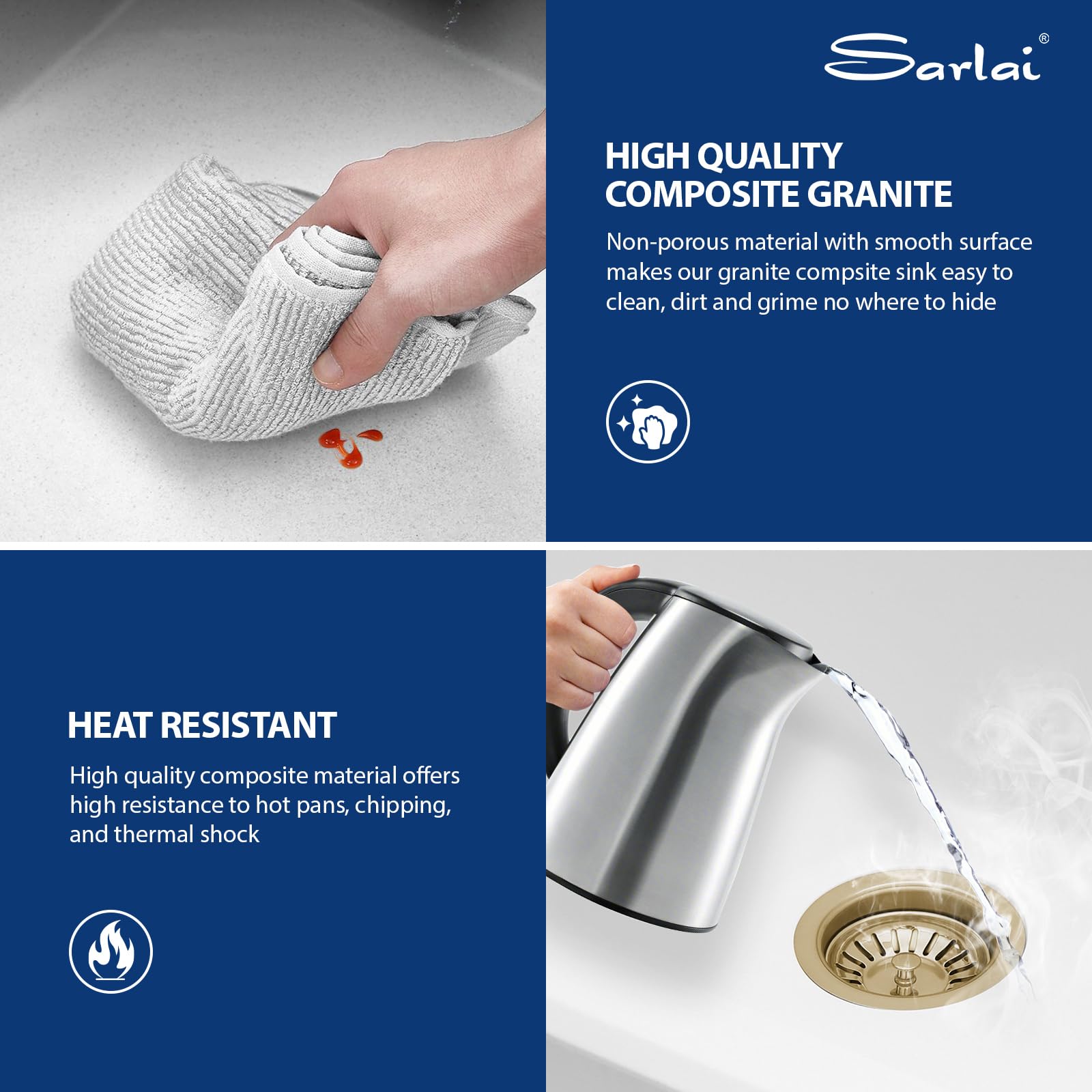 Sarlai 33''x22'' 60/40 Low Divide Double Bowl White Granite Composite Kitchen Sink, Drop-In Ledge Workstation Quartz Composite Above Counter Basin with Gold Accessories