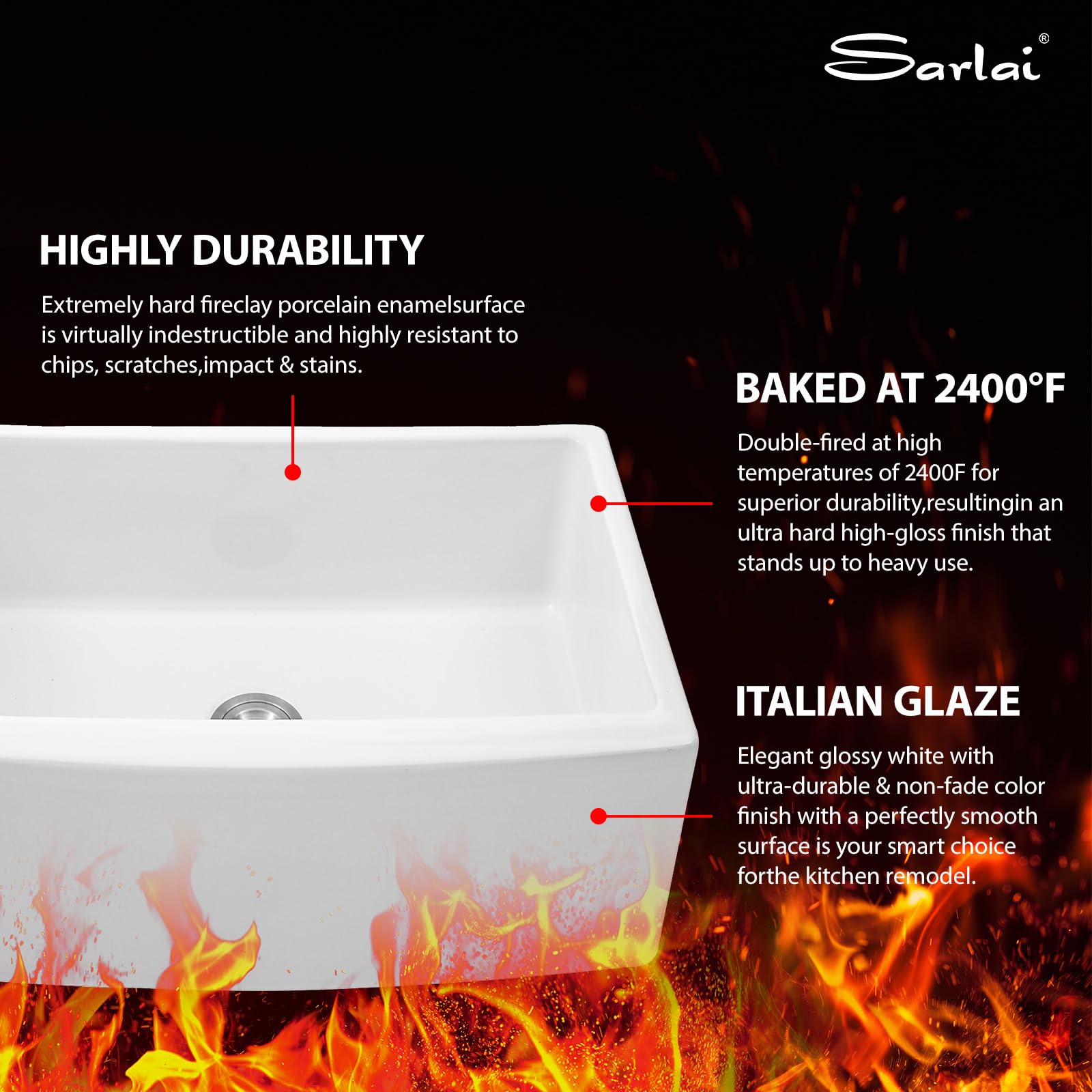 Sarlai 24'' White Apron Front Fireclay Farmhouse Sink, Single Bowl Ceramic Kitchen & Laundry Room Farm Basin