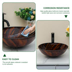 Sarlai 16.5''x16.5'' Brown Artistic Round Tempered Glass Bathroom Vessel Sink, Vanity Countertop Basin with Pop-up Drain