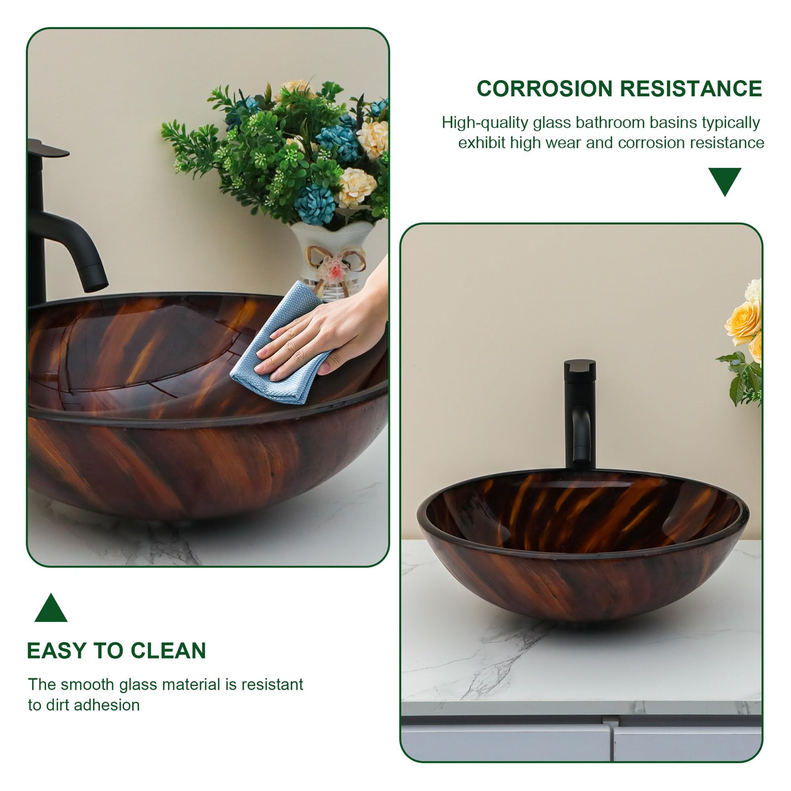 Sarlai 16.5''x16.5'' Brown Artistic Round Tempered Glass Bathroom Vessel Sink, Vanity Countertop Basin with Pop-up Drain