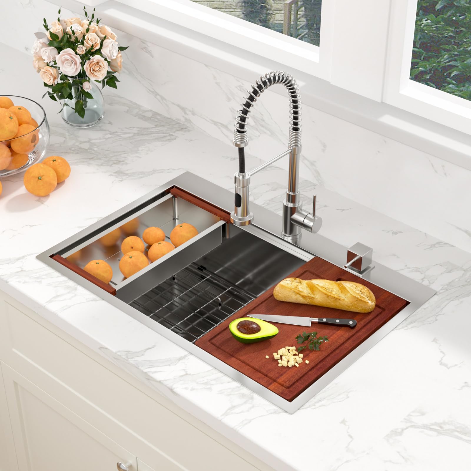 Sarlai 33in Drop In Single Bowl Stainless Steel Workstation Kitchen Sink