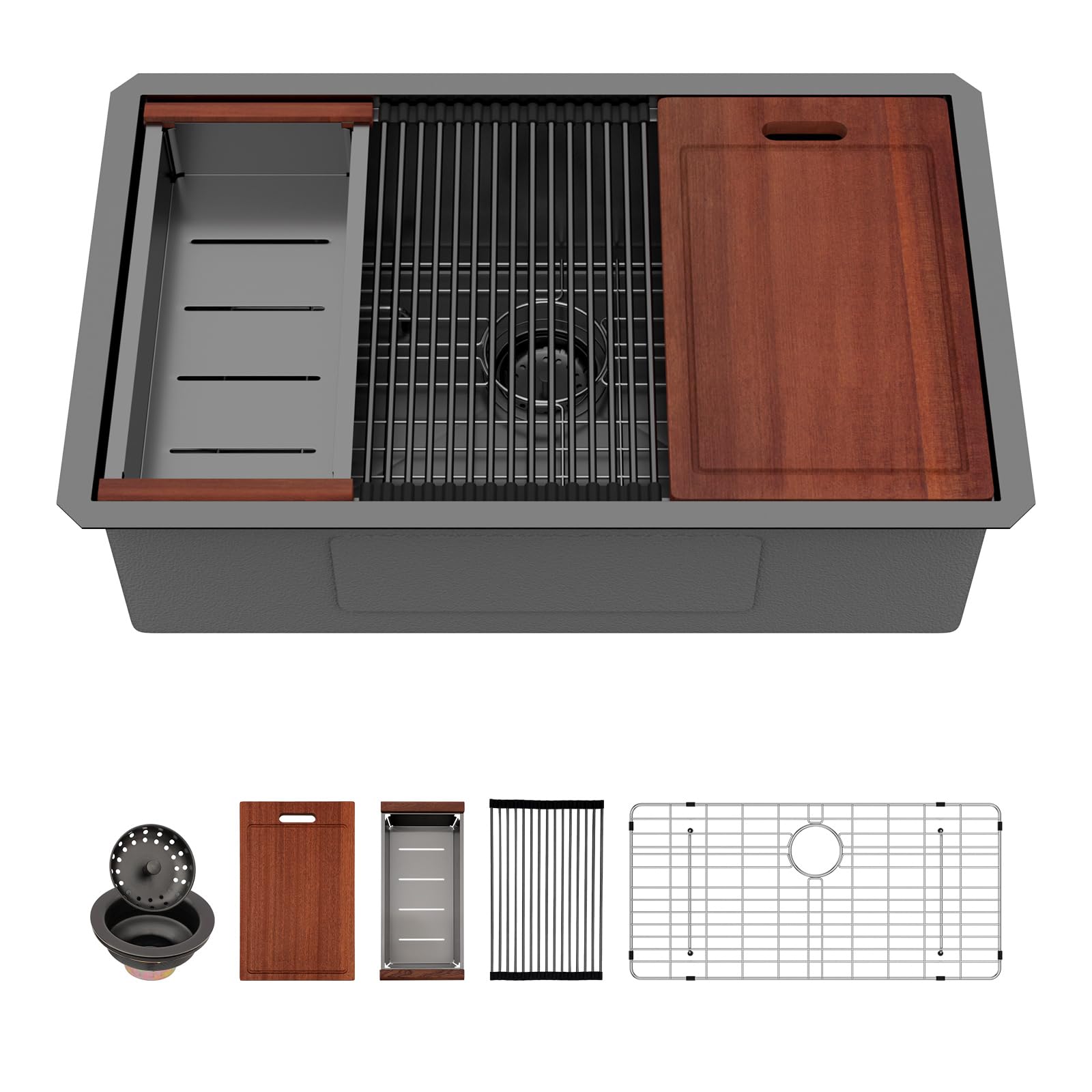Sarlai 30in Undermount Gunmetal Black Single Bowl Stainless Steel Workstation Kitchen Sink Main image