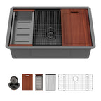 Sarlai 30in Undermount Gunmetal Black Single Bowl Stainless Steel Workstation Kitchen Sink
