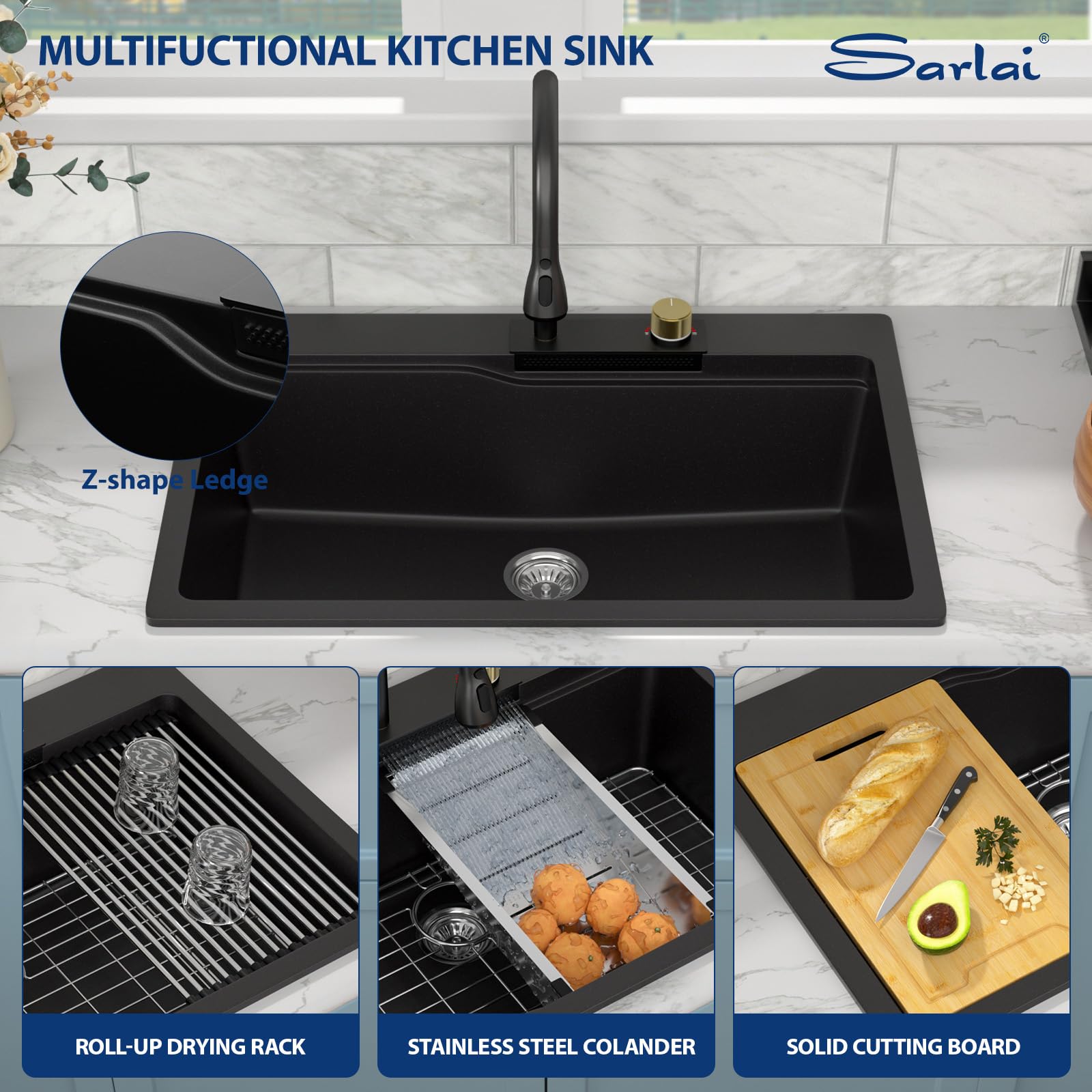 Sarlai 33'' x 22'' Black Quartz Drop-in Waterfall Single Bowl Workstation Kitchen Sink