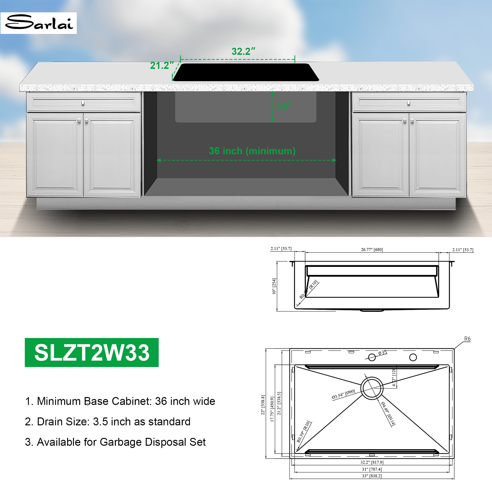 Sarlai 33'' x 22'' Drop In Double Ledges Design Workstation Kitchen Sink