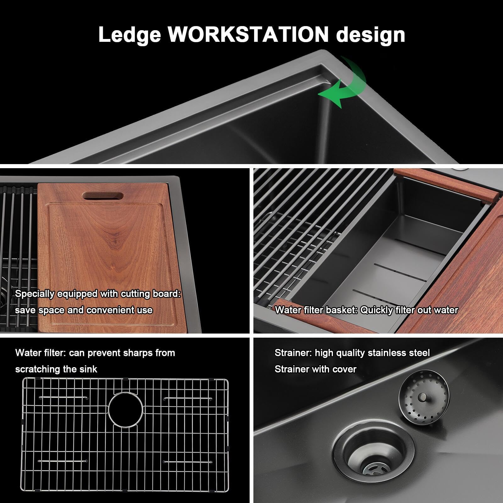 Sarlai 33'' Stainless Steel Single Bowl Black NANO PVD Workstation Farmhouse Sink