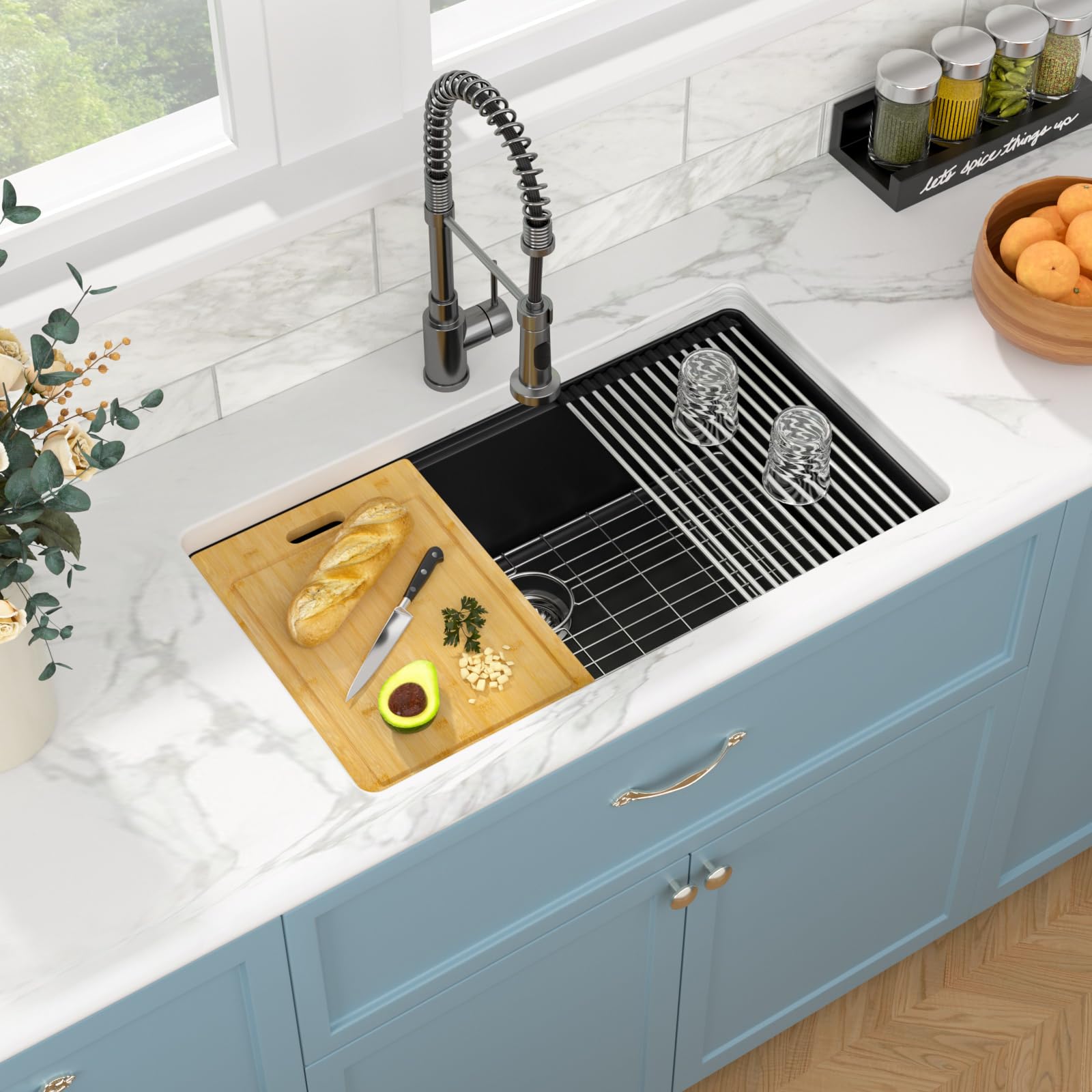 Sarlai 33in Black Granite Composite Undermount Single Bowl Workstation Kitchen Sink