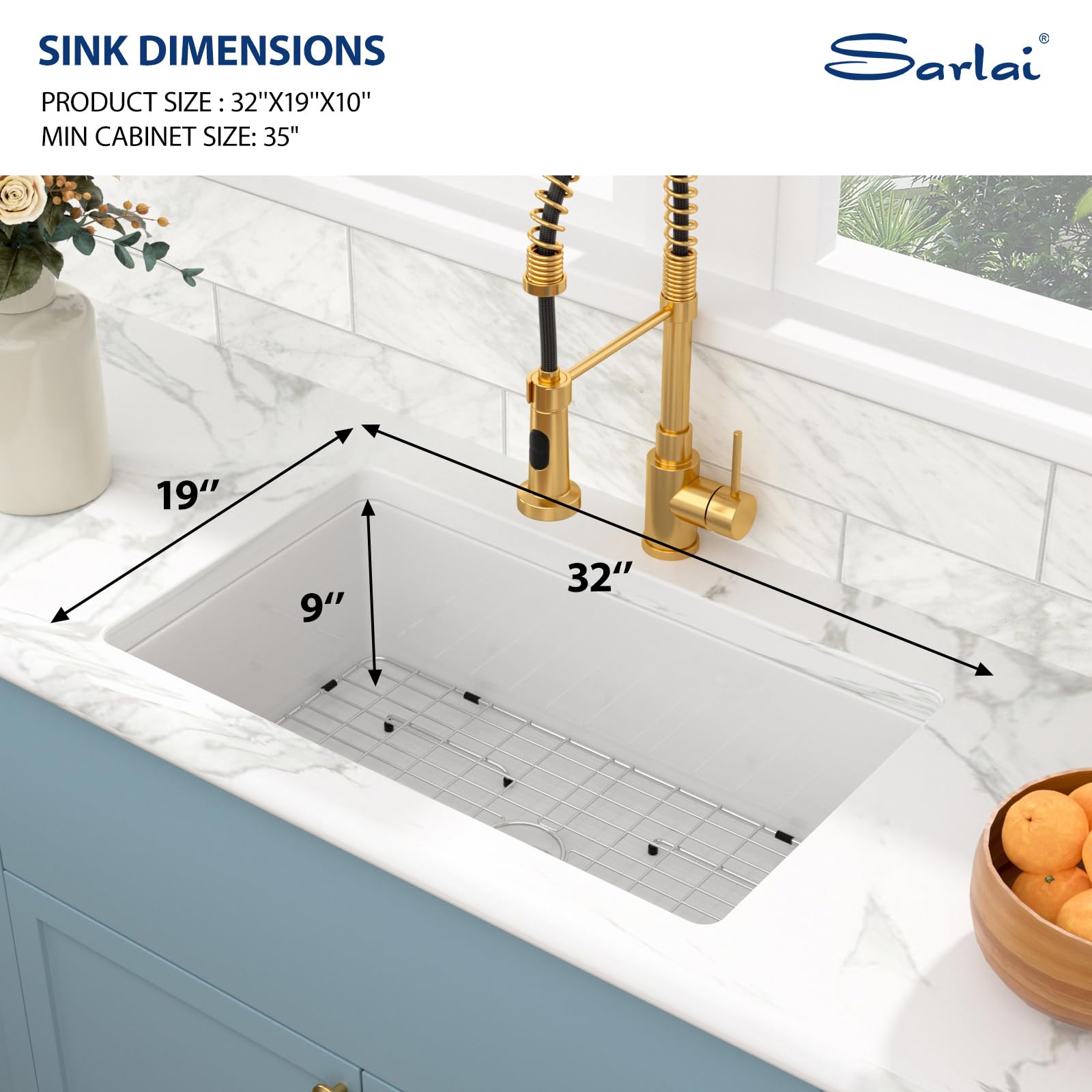 Sarlai 32in White Undermount Single Bowl Fireclay Ceramic Kitchen Sink