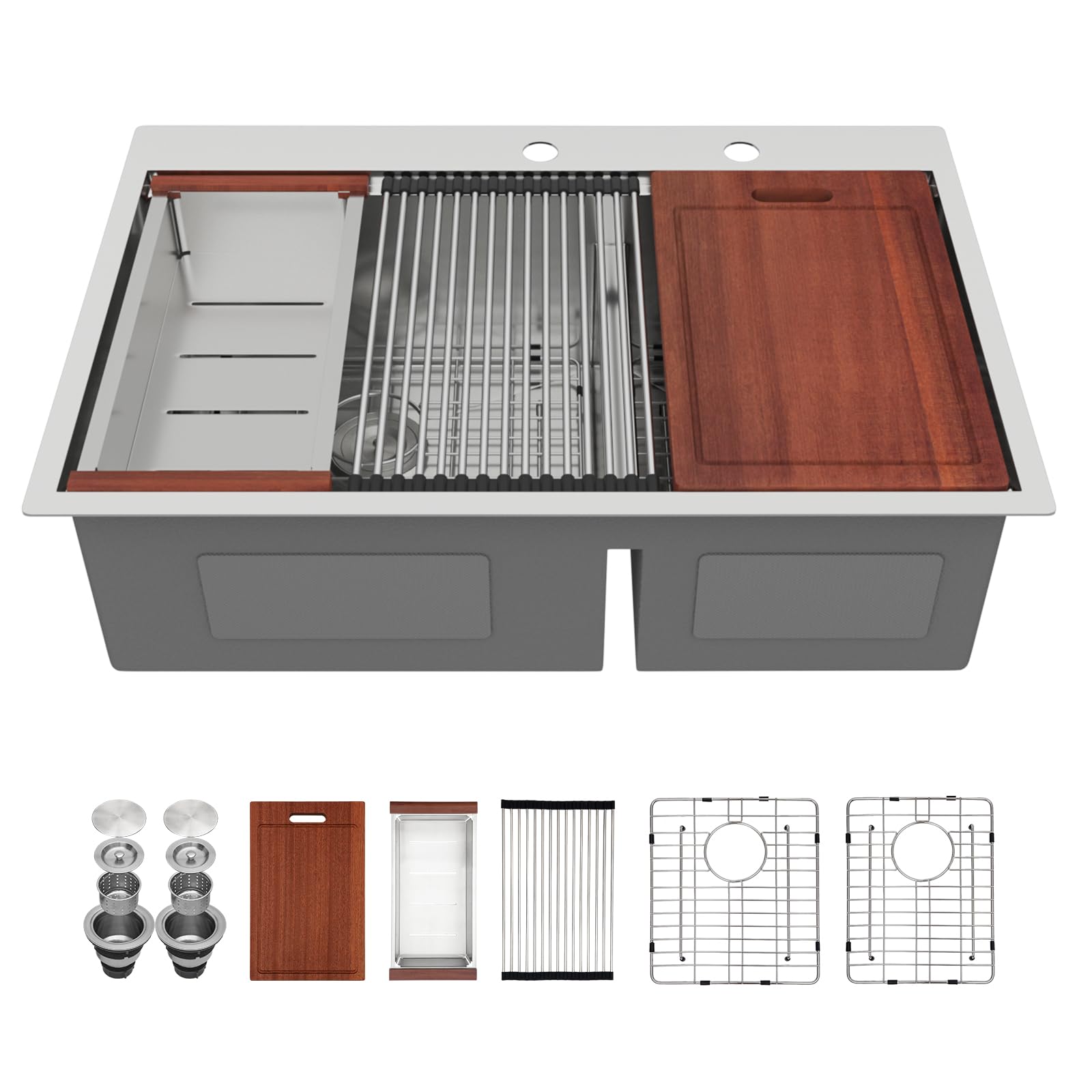 Sarlai 33'' x 22'' Topmount Double Bowl 60/40 Workstation Stainless Steel Kitchen Sink Main image