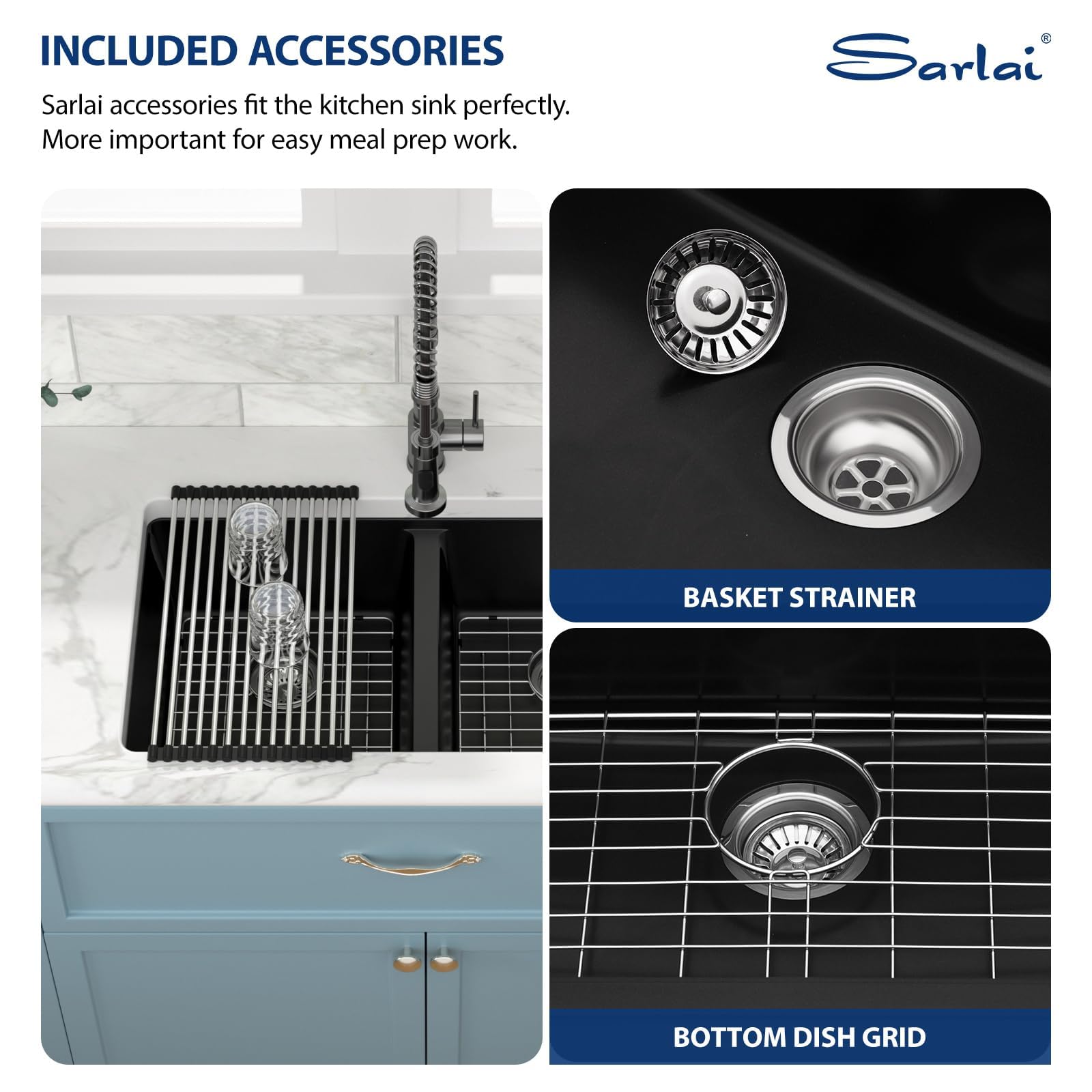 Sarlai 33''x19'' 50/50 Double Bowl Matte Black Granite Composite Kitchen Sink, Undermount Quartz Under Counter Basin with Complete Accessories