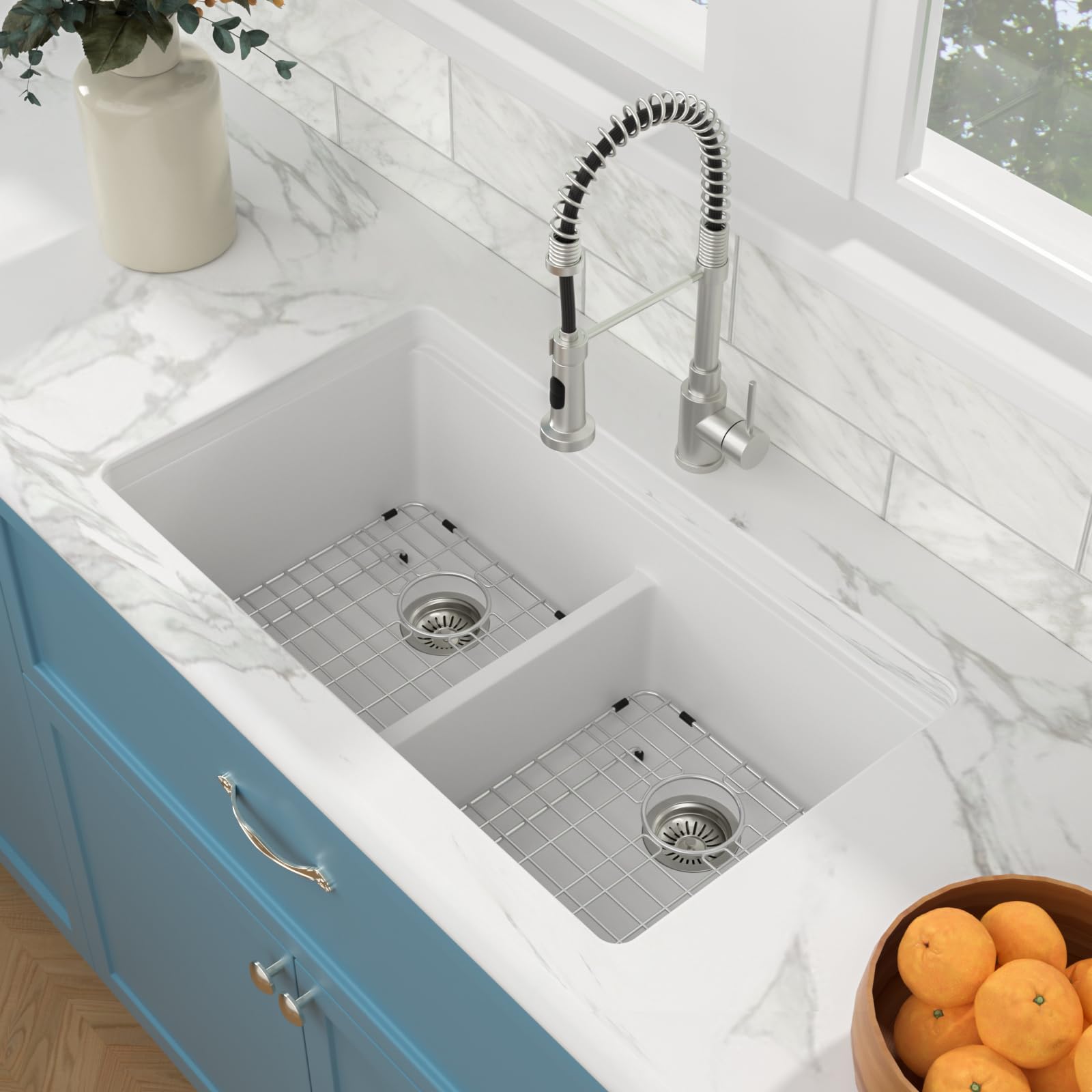 Sarlai 33''x19'' 50/50 Low Divide Double Bowl White Granite Composite Kitchen Sink, Undermount Ledge Workstation Quartz Classic Under Counter Basin