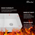 Sarlai 33'' 50/50 Double Bowl Reversible Apron Front White Fireclay Farmhouse Sink, Workstation Ceramic Porcelain Deep Rectangular Farm Kitchen Basin