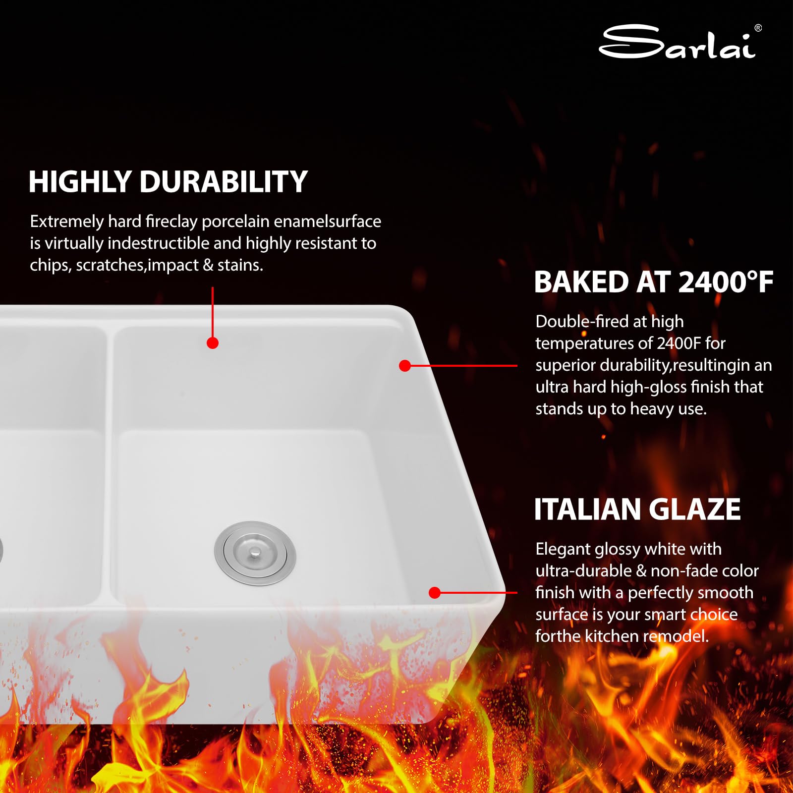 Sarlai 33'' 50/50 Double Bowl Reversible Apron Front White Fireclay Farmhouse Sink, Workstation Ceramic Porcelain Deep Rectangular Farm Kitchen Basin