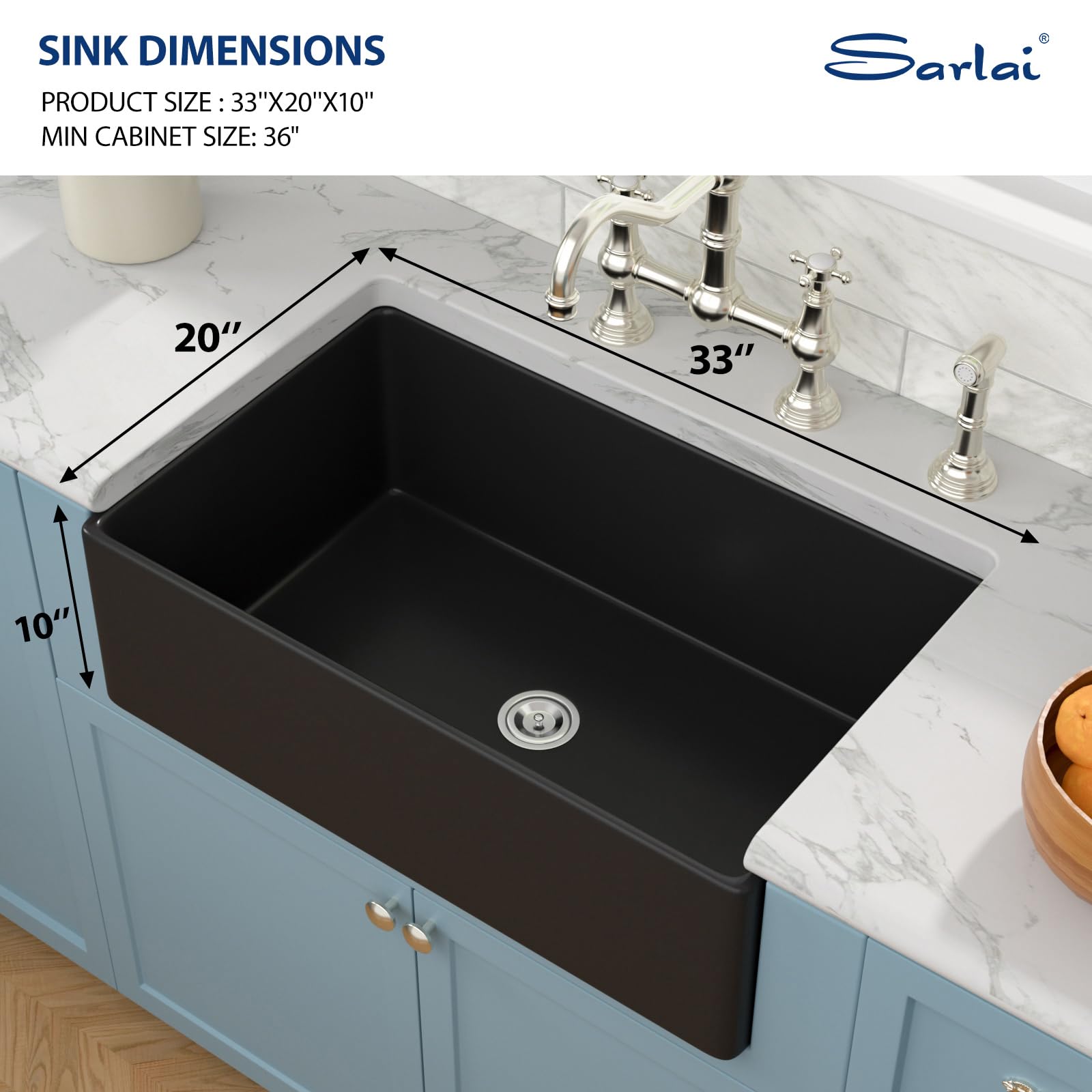 Sarlai 33'' Matte Black Fireclay Farmhouse Sink, Apron Front Single Bowl Ceramic Porcelain Kitchen Farmer Basin