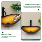 Sarlai 21''x14'' Boat Shape Bathroom Vessel Sink, Modern Artistic Tempered Glass Countertop Basin for Lavatory Vanity Cabinet with Black Faucet & Pop-up Drain Set