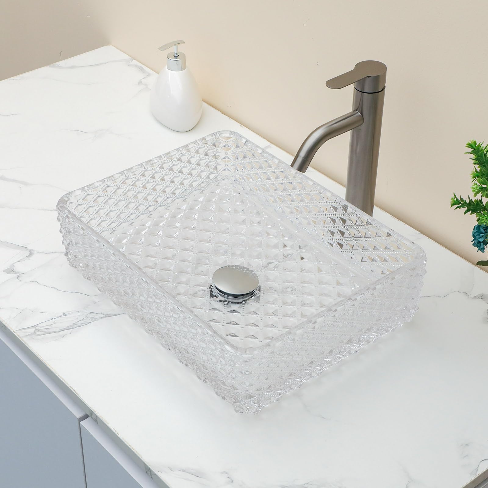 Sarlai 17.5''x13'' Diamond Rectangular Tempered Glass Bathroom Vessel Sink, Countertop Basin with Pop-up Drain Combo Secondary image