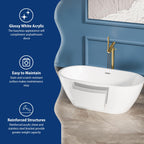 Sarlai Modern Oval White Acrylic Freestanding Bathtub with Chrome Drain and Overflow