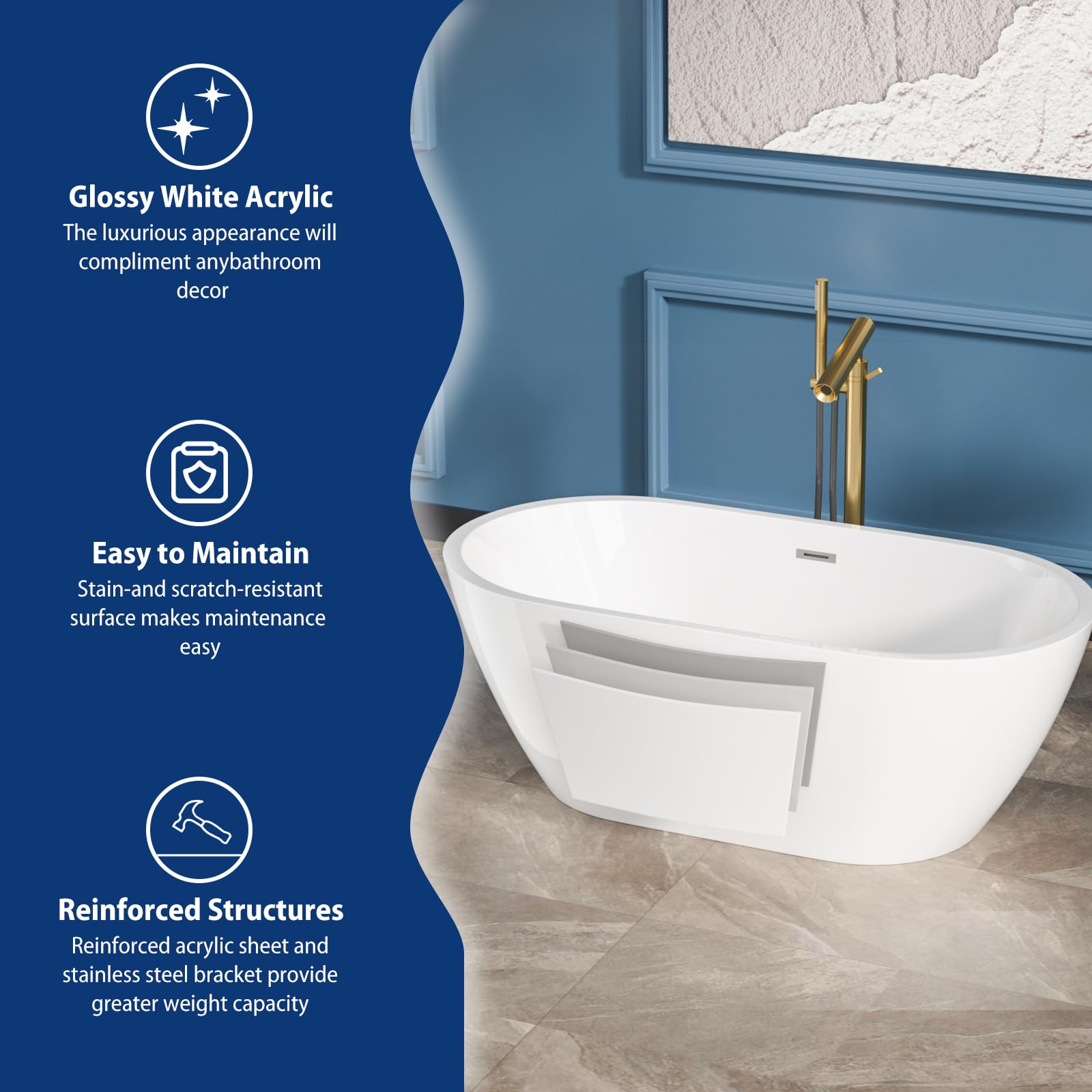 Sarlai Modern Oval White Acrylic Freestanding Bathtub with Chrome Drain and Overflow