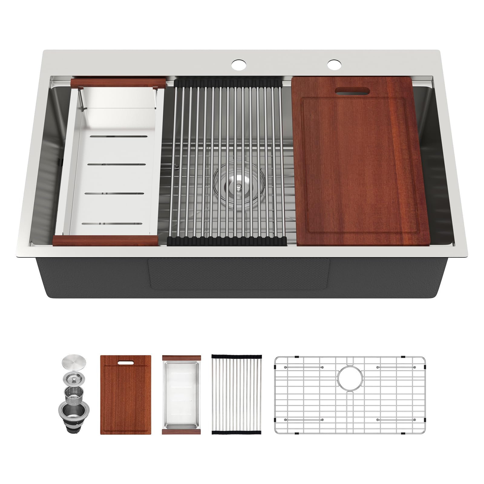 Sarlai 36in Drop In Double Bowl 60/40 Low Divide Stainless Steel Workstation Kitchen Sink Main image