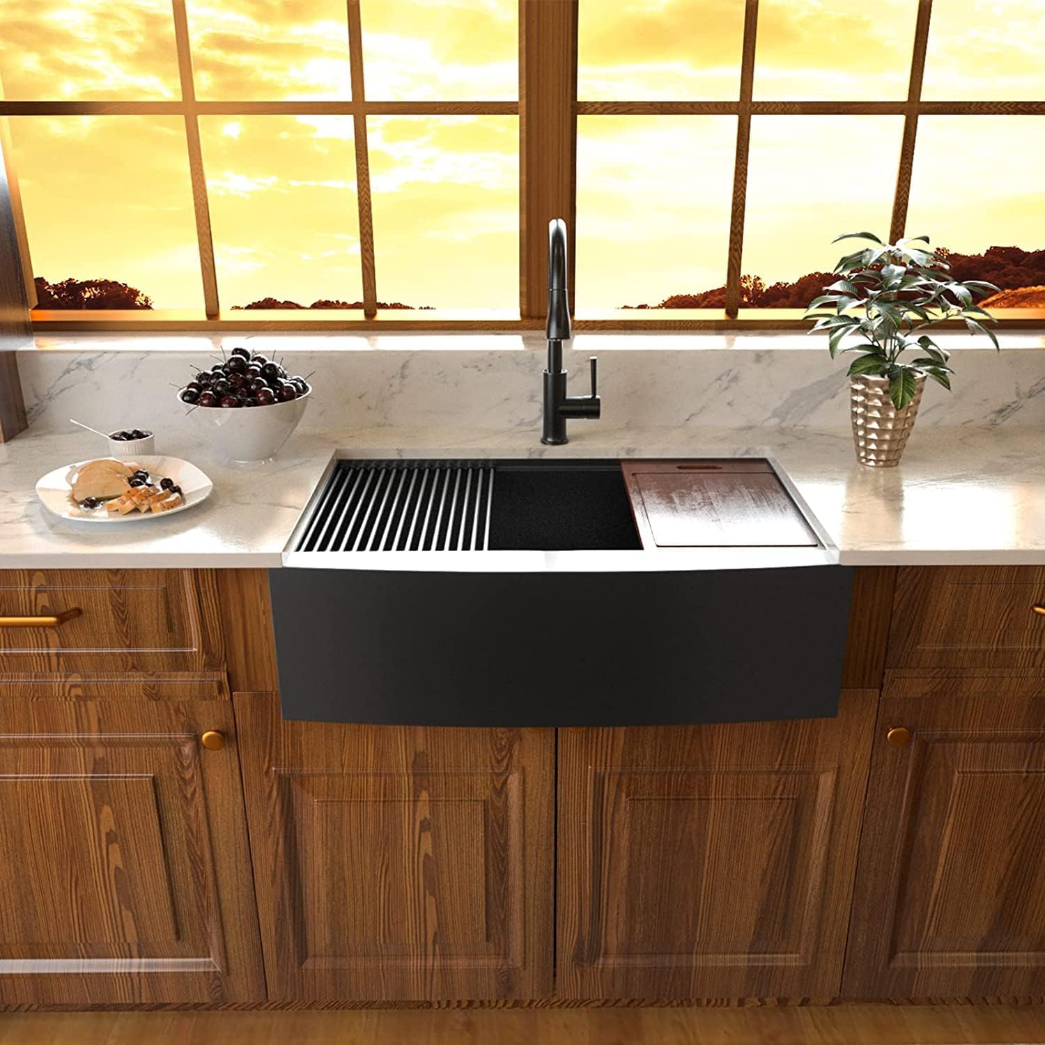 Sarlai 30'' Stainless Steel Single Bowl Gunmetal Black NANO PVD Workstation Farmhouse Sink
