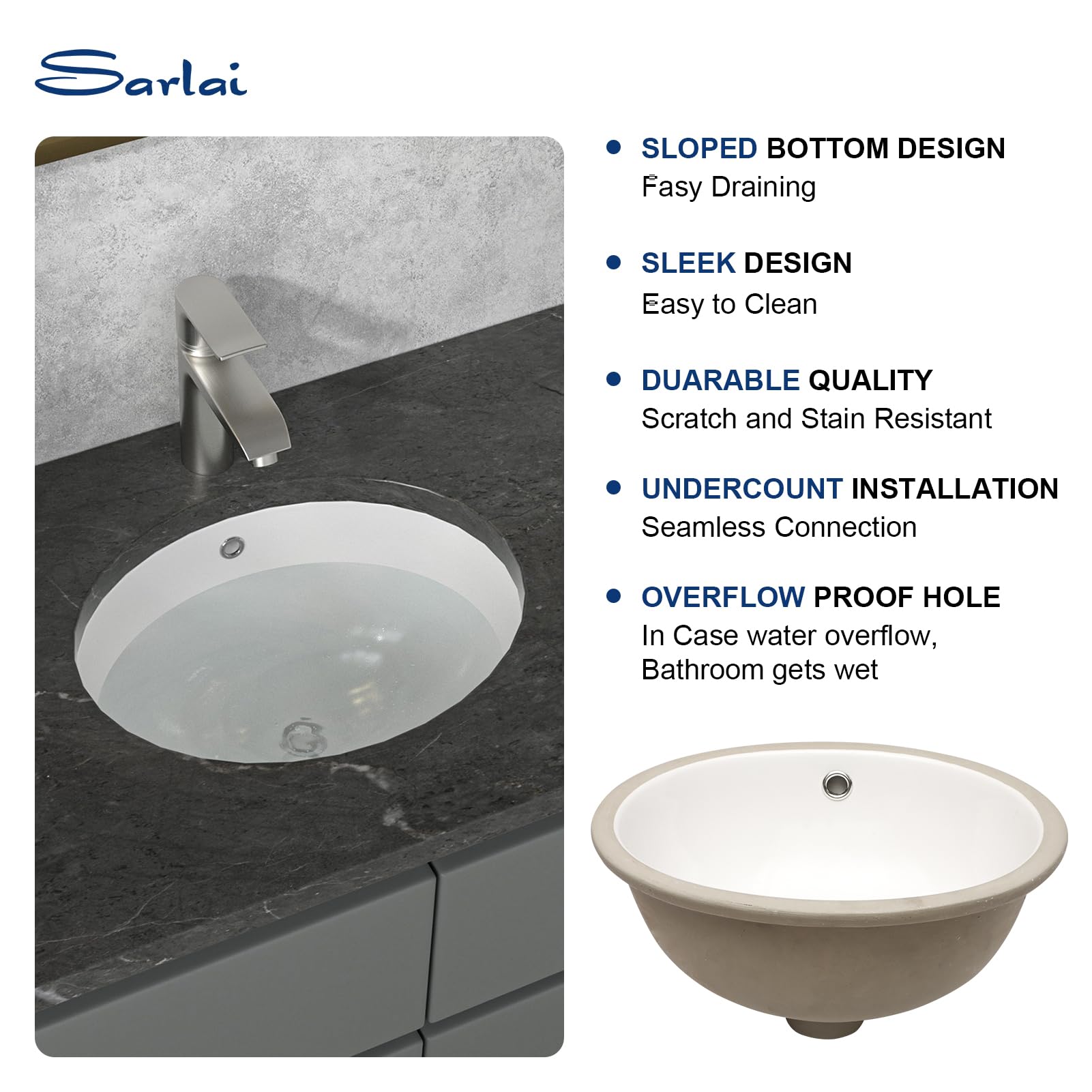 Sarlai 16in Undermount Oval Pure White Porcelain Ceramic Bathroom Vessel Sink