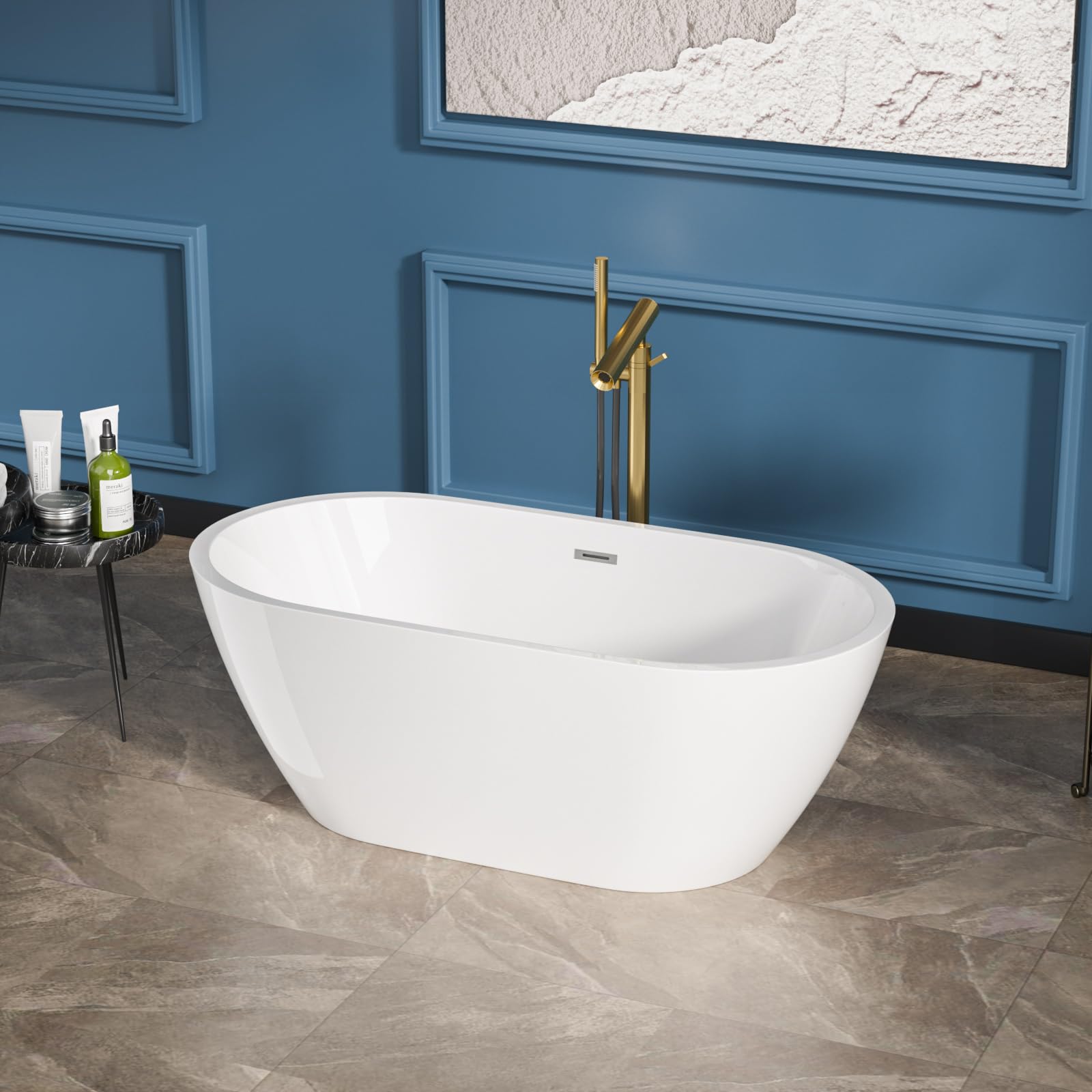 Sarlai Modern Oval White Acrylic Freestanding Bathtub with Chrome Drain and Overflow