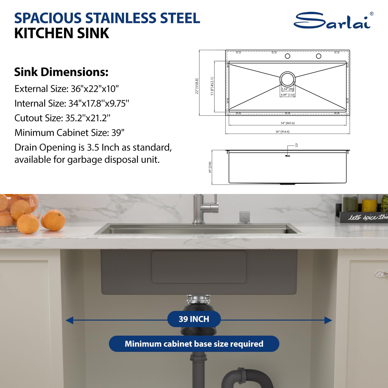 Sarlai 36in Drop In Single Bowl Stainless Steel Workstation Kitchen Sink