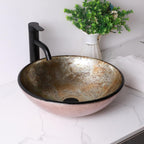 Sarlai 16.5''x16.5'' Yellow Round Tempered Glass Bathroom Vessel Sink, Countertop Basin with Faucet & Pop-up Drain Combo