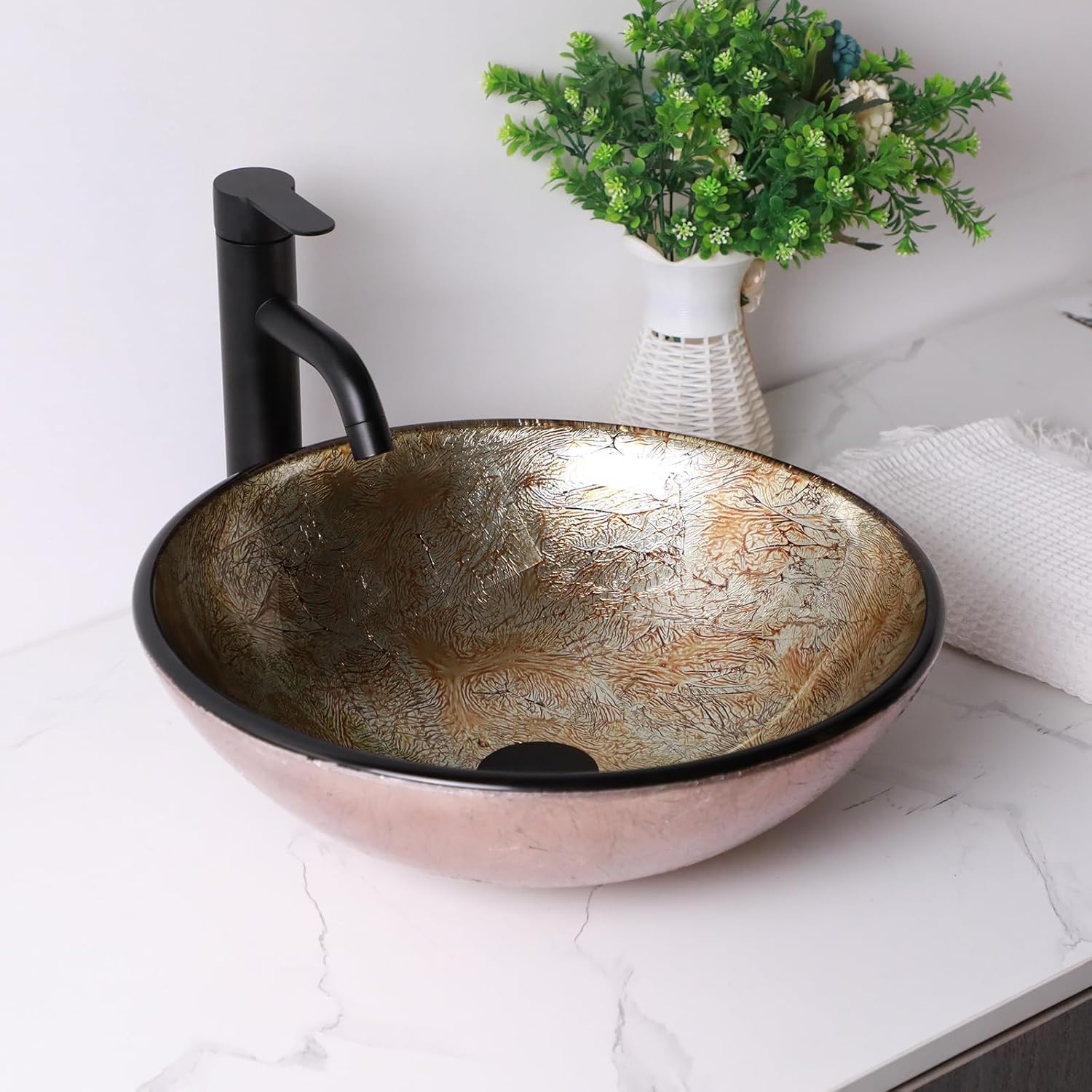 Sarlai 16.5''x16.5'' Yellow Round Tempered Glass Bathroom Vessel Sink, Countertop Basin with Faucet & Pop-up Drain Combo