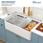 Sarlai 33'' 50/50 Double Bowl Reversible Apron Front White Fireclay Farmhouse Sink, Workstation Ceramic Porcelain Deep Rectangular Farm Kitchen Basin