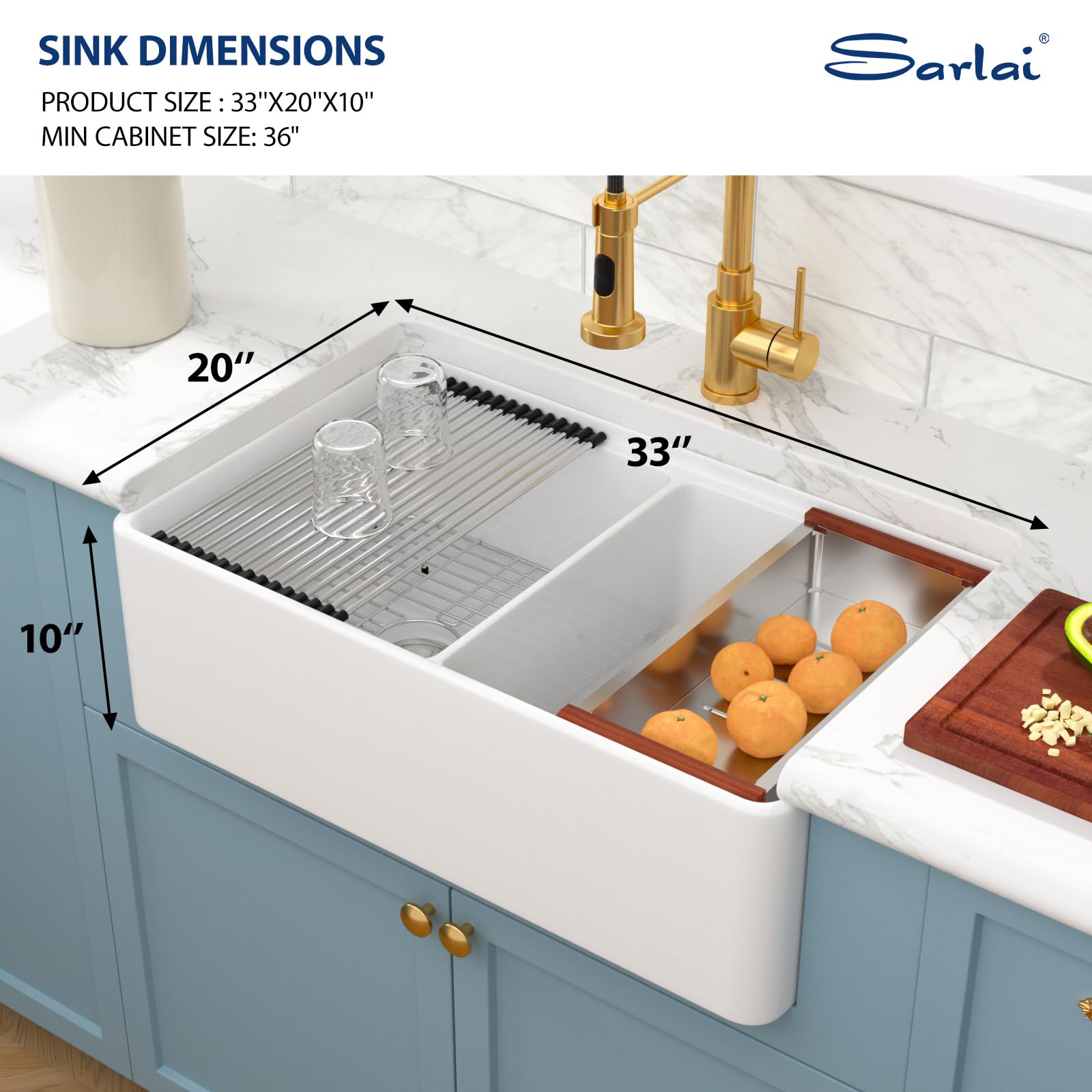 Sarlai 33'' 50/50 Double Bowl Reversible Apron Front White Fireclay Farmhouse Sink, Workstation Ceramic Porcelain Deep Rectangular Farm Kitchen Basin