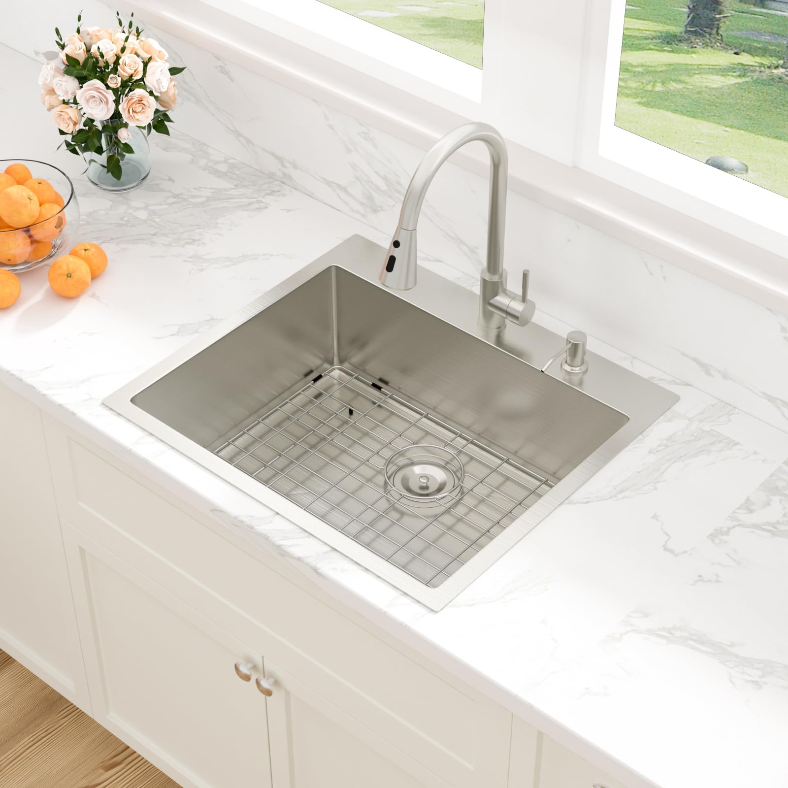 Sarlai 25''x22'' Deep Drop-In Stainless Steel Kitchen Sink, 16 Gauge Topmount Single Bowl with Cup Rinser, Soap Dispenser & Faucet
