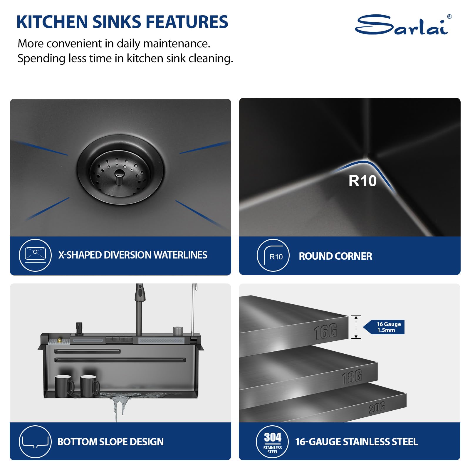 Sarlai 30'' Digital Display Drop In Waterfall Single Bowl Stainless Steel Workstation Kitchen Sink