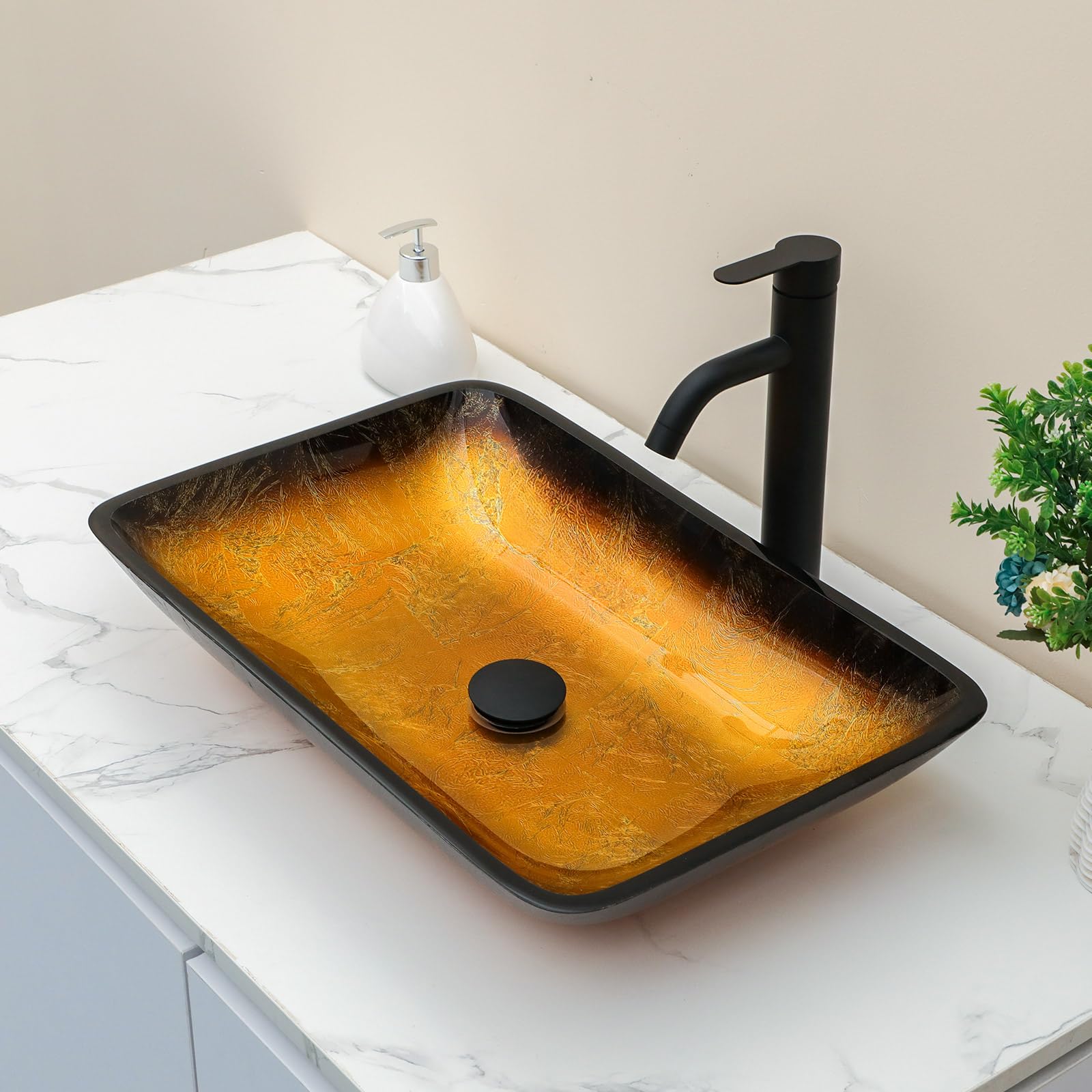 Sarlai 22''x14.25'' Yellow Square Tempered Glass Bathroom Vessel Sink, Countertop Basin with Pop-up Drain Combo