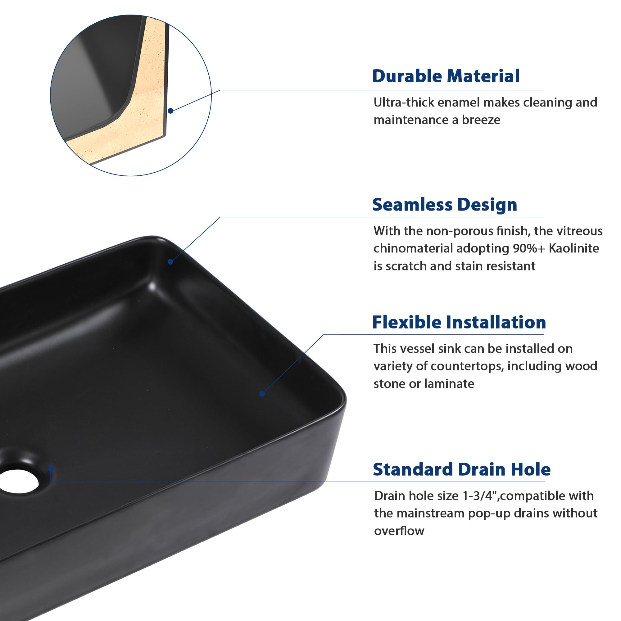 Sarlai Black Vessel Sink Rectangular - 24''x14'' Modern Bathroom Vessel Sink Rectangle Above Counter Black Ceramic Porcelain Lavatory Vanity Sink Art Basin