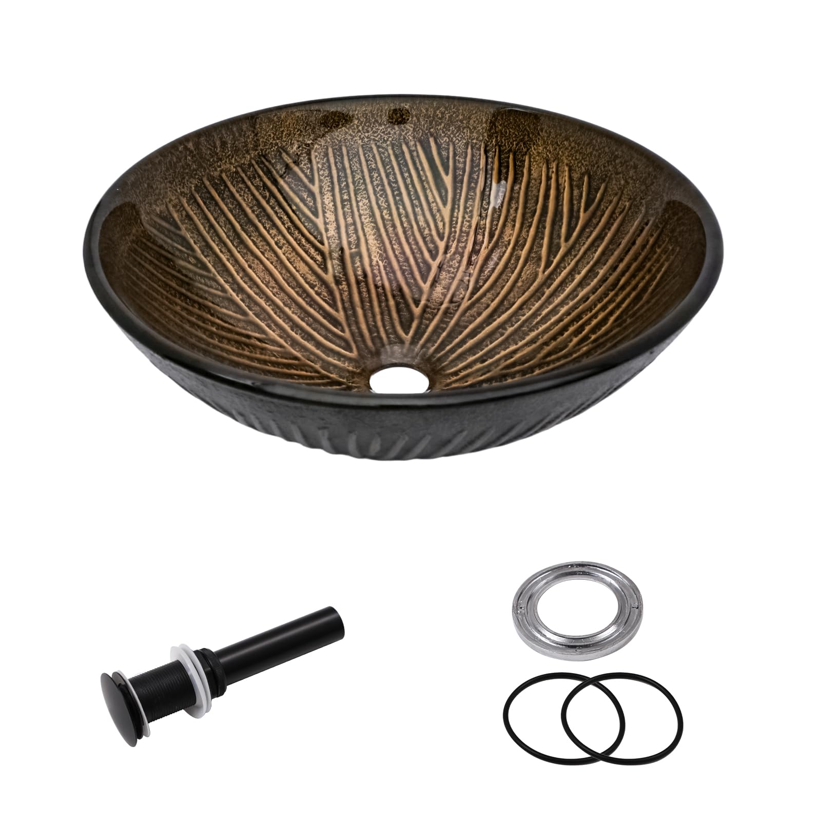 Sarlai 16.5''x16.5'' Brown Round Tempered Glass Bathroom Vessel Sink, Countertop Basin with Pop-up Drain Combo