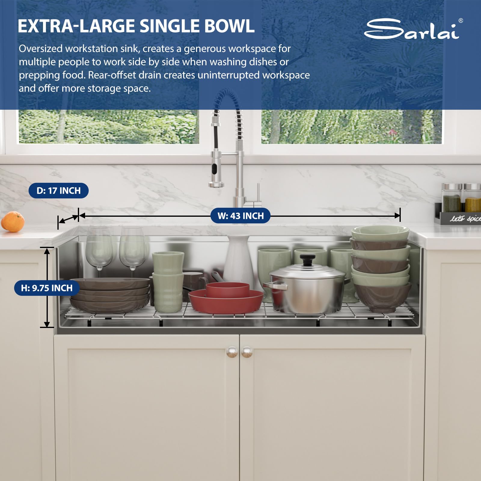 Sarlai 45''x19'' Extra Large Undermount Workstation Kitchen Sink, 16 Gauge Stainless Steel Deep Single Bowl Under Counter Basin